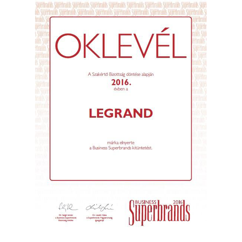 Legrand Zrt. a Superbrands 2016 díjasok között - Minősített minőség: elismerés a legkiválóbb márkáknak